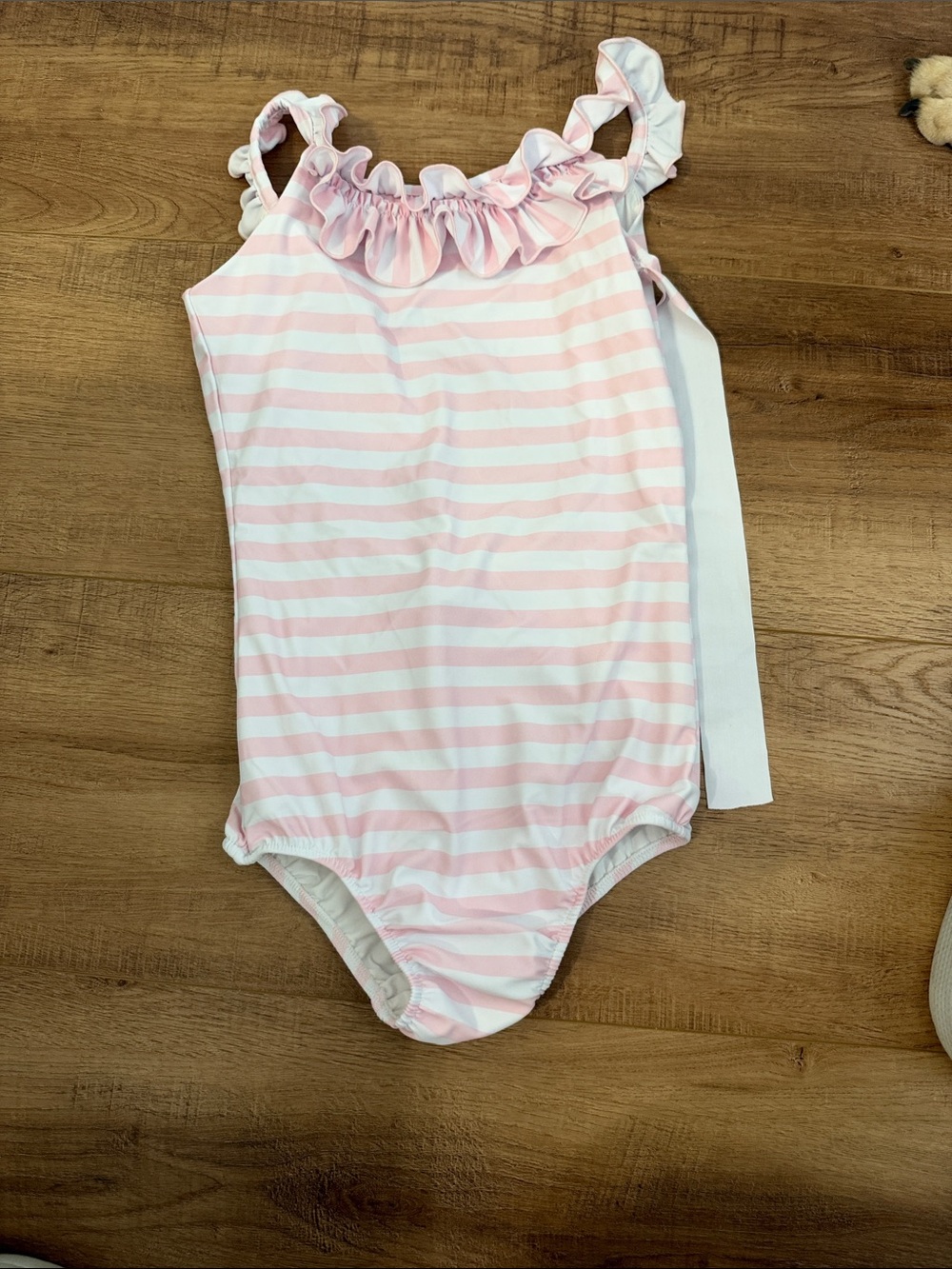 Girls Pink & White Stripe Ruffle One-Piece swim suit
